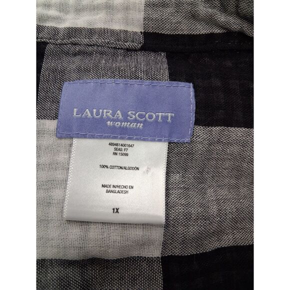 womens 1X Laura Scott blouse black white plaid gauzy cotton roll tab collared - Picture 7 of 9